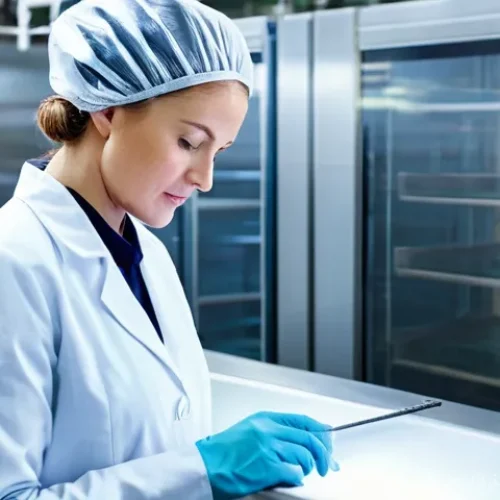 Home 27 식품안전관리자 업무 경험 공유 - **Prompt:** "A highly dedicated and focused female Food Safety Manager, in her late 30s to early 40s...