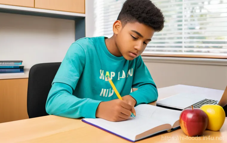 식품 관련 국가시험 팁과 요령 - **Prompt:** A young person, around 17 years old, with a determined expression, sitting at a clean, o...