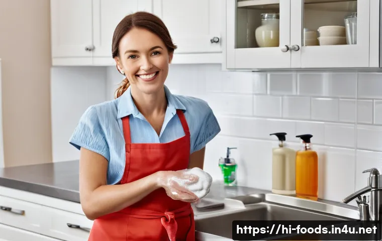 식품위생관리 실무의 중요성 - **Prompt:** A brightly lit, modern kitchen scene focusing on meticulous hand hygiene. A smiling, hea...