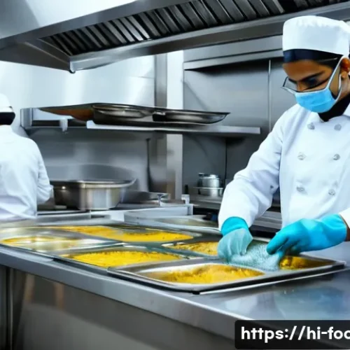 Home 11 식품 위생교육 의무화 요건 - A clean, modern kitchen environment in an Indian restaurant with staff members wearing hairnets, glo...