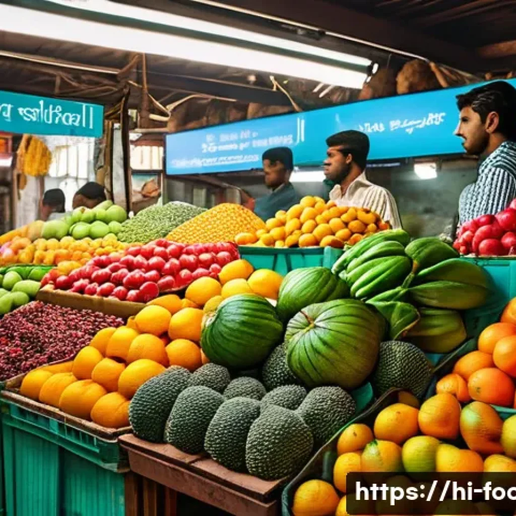 식품위생 연구 프로젝트 사례 - A vibrant local Indian marketplace scene featuring fresh fruits and vegetables displayed with smart ...