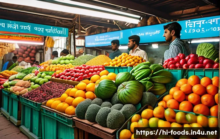 식품위생 연구 프로젝트 사례 - A vibrant local Indian marketplace scene featuring fresh fruits and vegetables displayed with smart ...