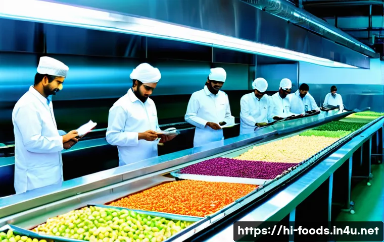 식품 관련 업무 사례 분석 - A modern Indian food processing factory interior with diverse workers wearing clean white uniforms a...