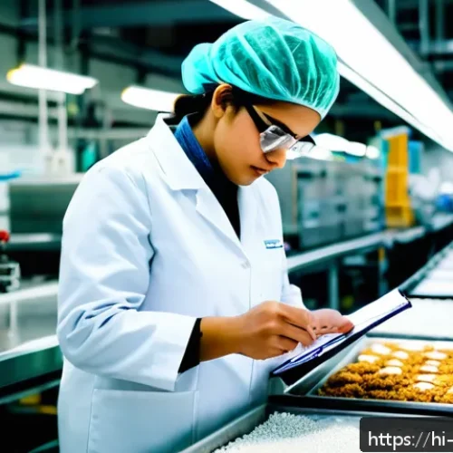 Home 17 식품위생 분야 해외 취업 기회 - A professional food safety specialist in a modern international food processing facility, wearing a ...