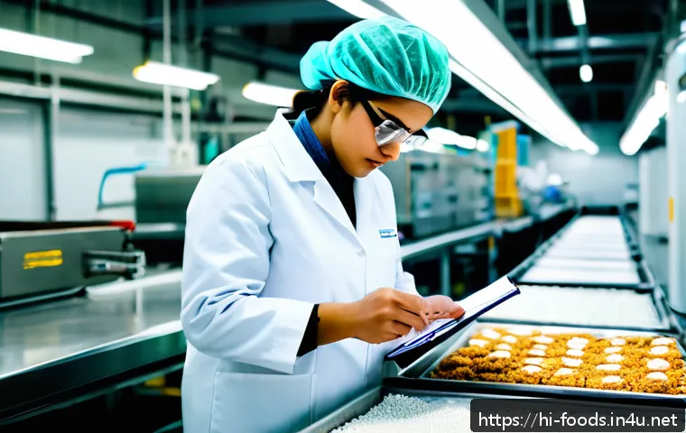 식품위생 분야 해외 취업 기회 - A professional food safety specialist in a modern international food processing facility, wearing a ...